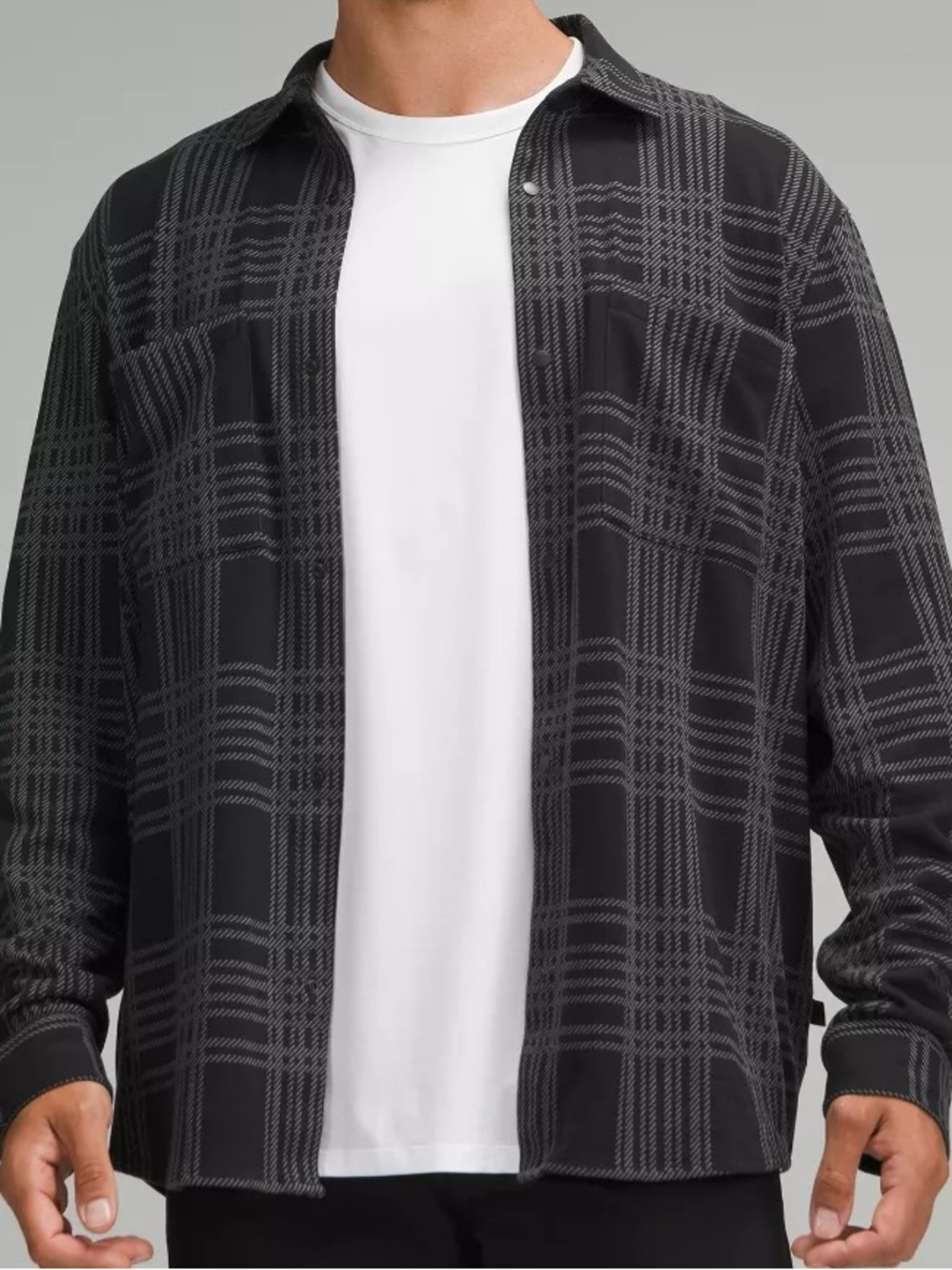 Lululemon Medium M Black/Grey Plaid Softknit Overshirt Long Sleeve Snap Shirt